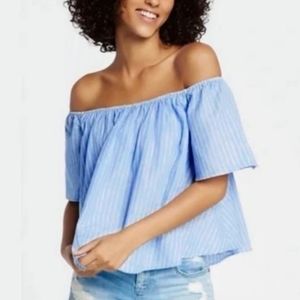Express Off the Shoulder Blue Flowy  Picnic Shirt With Pin Strips XS